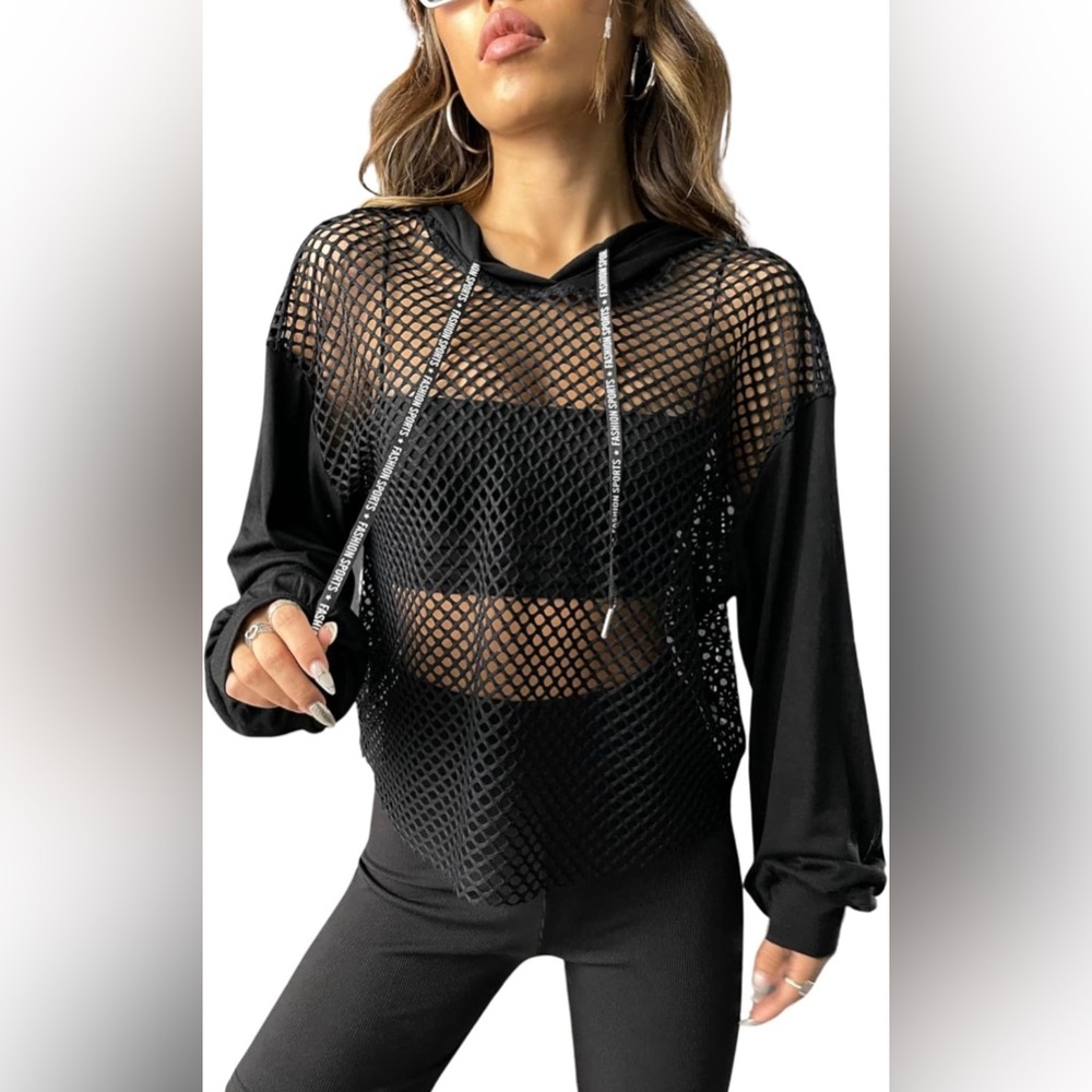 Verdusa Sheer Fishnet Drawstring Hoodie in Black ~ Size XL ~ NWOT